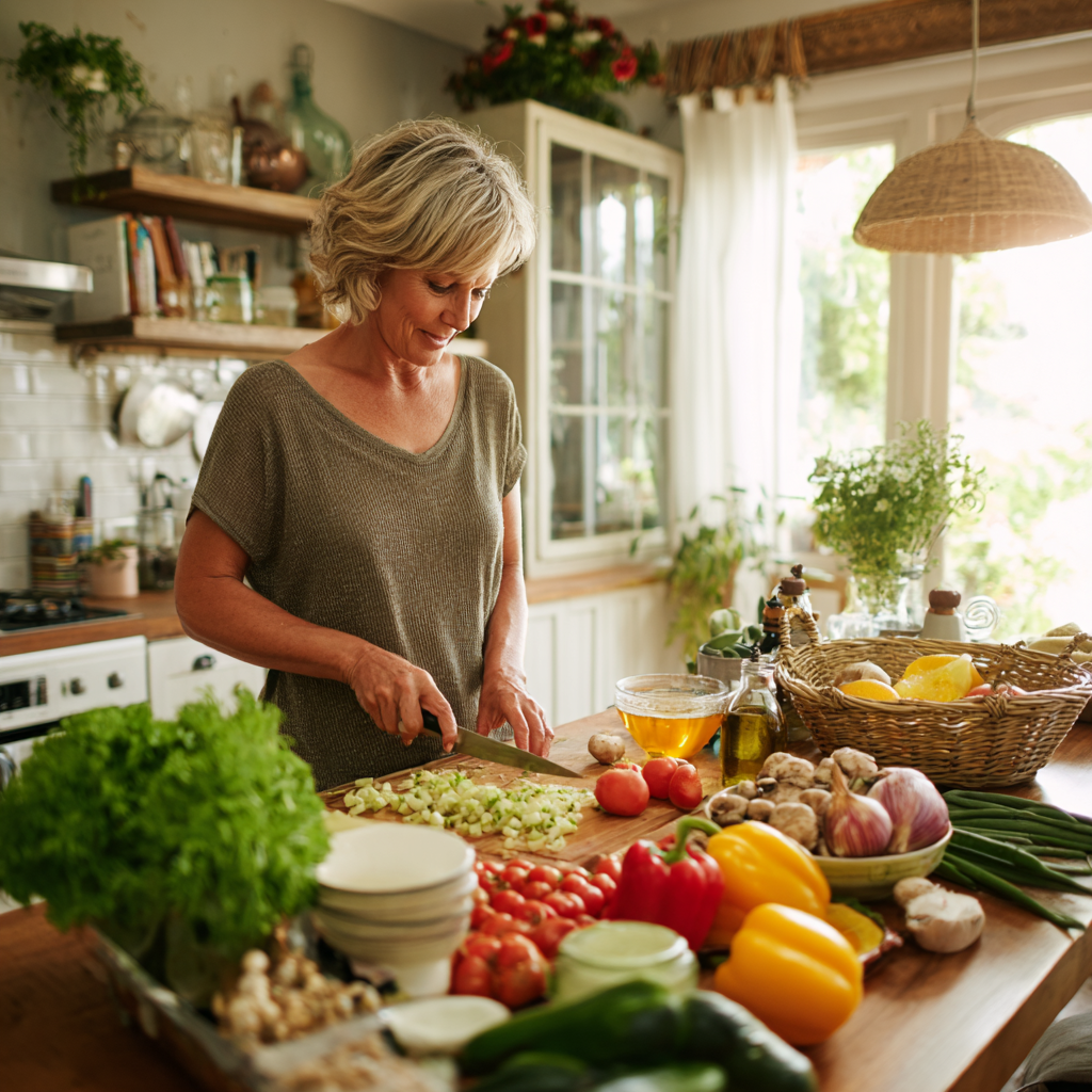 Middle-aged woman preparing balanced meal in bright kitchen with fresh vegetables