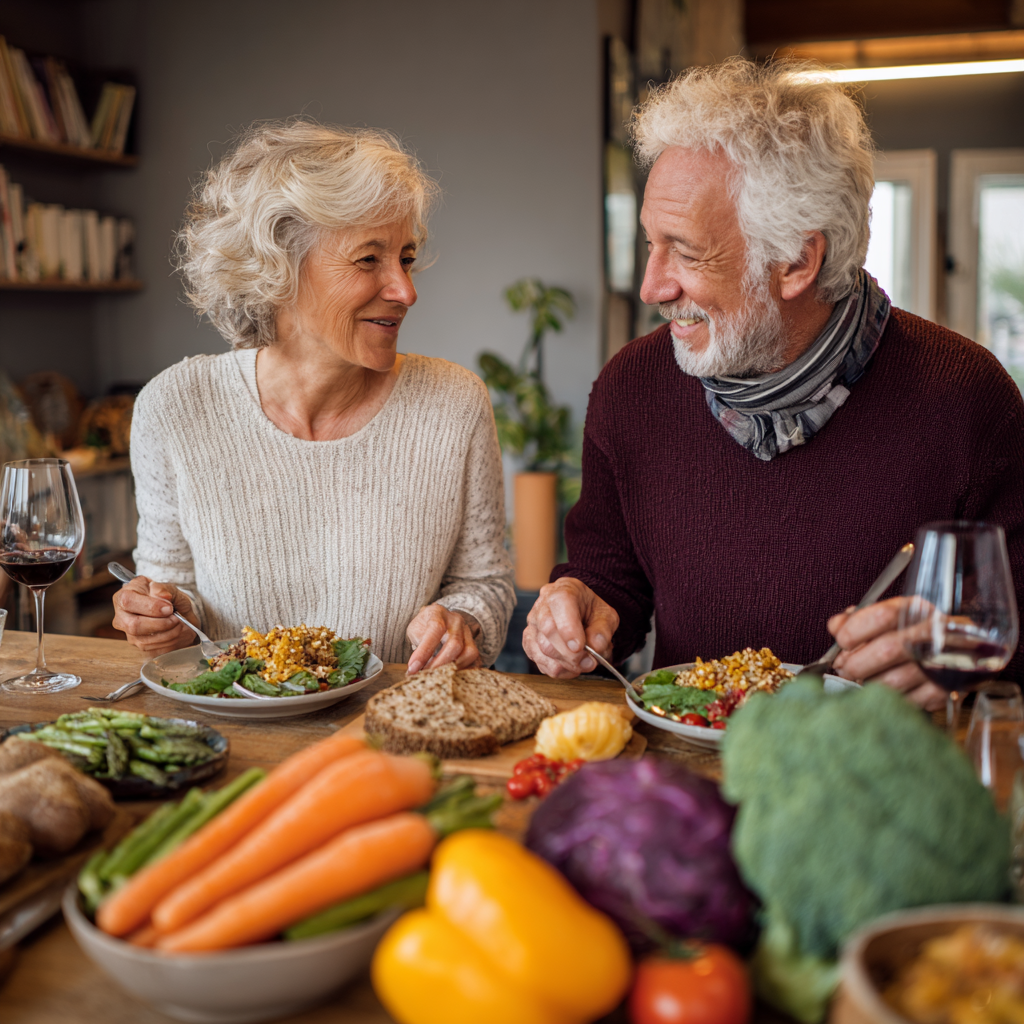Older adults enjoying balanced dinner together with colorful vegetables and whole grains